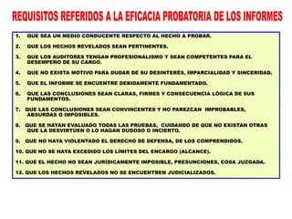 1. QUE SEA UN MEDIO CONDUCENTE RESPECTO AL HECHO A PROBAR.
2. QUE LOS HECHOS REVELADOS SEAN PERTINENTES.
3. QUE LOS AUDITORES TENGAN PROFESIONALISMO Y SEAN COMPETENTES PARA EL
DESEMPEÑO DE SU CARGO.
4. QUE NO EXISTA MOTIVO PARA DUDAR DE SU DESINTERÉS, IMPARCIALIDAD Y SINCERIDAD.
5. QUE EL INFORME SE ENCUENTRE DEBIDAMENTE FUNDAMENTADO.
6. QUE LAS CONCLUSIONES SEAN CLARAS, FIRMES Y CONSECUENCIA LÓGICA DE SUS
FUNDAMENTOS.
7. QUE LAS CONCLUSIONES SEAN CONVINCENTES Y NO PAREZCAN IMPROBABLES,
ABSURDAS O IMPOSIBLES.
8. QUE SE HAYAN EVALUADO TODAS LAS PRUEBAS, CUIDANDO DE QUE NO EXISTAN OTRAS
QUE LA DESVIRTÚEN O LO HAGAN DUDOSO O INCIERTO.
9. QUE NO HAYA VIOLENTADO EL DERECHO DE DEFENSA, DE LOS COMPRENDIDOS.
10. QUE NO SE HAYA EXCEDIDO LOS LÍMITES DEL ENCARGO (ALCANCE).
11. QUE EL HECHO NO SEAN JURÍDICAMENTE IMPOSIBLE, PRESUNCIONES, COSA JUZGADA.
12. QUE LOS HECHOS REVELADOS NO SE ENCUENTREN JUDICIALIZADOS.
 