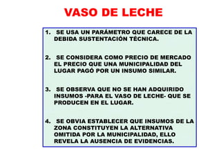 VASO DE LECHE
1. SE USA UN PARÁMETRO QUE CARECE DE LA
DEBIDA SUSTENTACIÓN TÉCNICA.
2. SE CONSIDERA COMO PRECIO DE MERCADO
EL PRECIO QUE UNA MUNICIPALIDAD DEL
LUGAR PAGÓ POR UN INSUMO SIMILAR.
3. SE OBSERVA QUE NO SE HAN ADQUIRIDO
INSUMOS -PARA EL VASO DE LECHE- QUE SE
PRODUCEN EN EL LUGAR.
4. SE OBVIA ESTABLECER QUE INSUMOS DE LA
ZONA CONSTITUYEN LA ALTERNATIVA
OMITIDA POR LA MUNICIPALIDAD, ELLO
REVELA LA AUSENCIA DE EVIDENCIAS.
 