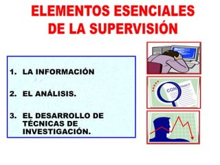 1. LA INFORMACIÓN
2. EL ANÁLISIS.
3. EL DESARROLLO DE
TÉCNICAS DE
INVESTIGACIÓN.
 