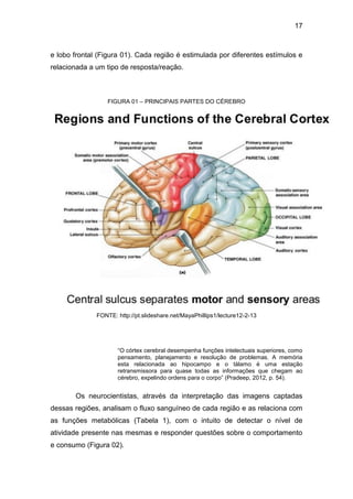 17
e lobo frontal (Figura 01). Cada região é estimulada por diferentes estímulos e
relacionada a um tipo de resposta/reação.
FIGURA 01 – PRINCIPAIS PARTES DO CÉREBRO
FONTE: http://pt.slideshare.net/MayaPhillips1/lecture12-2-13
“O córtex cerebral desempenha funções intelectuais superiores, como
pensamento, planejamento e resolução de problemas. A memória
esta relacionada ao hipocampo e o tálamo é uma estação
retransmissora para quase todas as informações que chegam ao
cérebro, expelindo ordens para o corpo” (Pradeep, 2012, p. 54).
Os neurocientistas, através da interpretação das imagens captadas
dessas regiões, analisam o fluxo sanguíneo de cada região e as relaciona com
as funções metabólicas (Tabela 1), com o intuito de detectar o nível de
atividade presente nas mesmas e responder questões sobre o comportamento
e consumo (Figura 02).
 