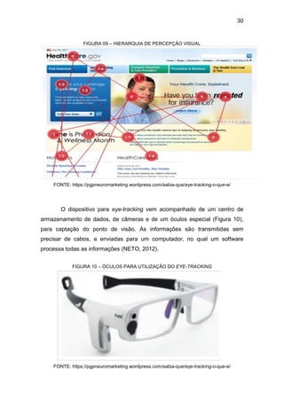 30
FIGURA 09 – HIERARQUIA DE PERCEPÇÃO VISUAL
FONTE: https://pgpneuromarketing.wordpress.com/sabia-que/eye-tracking-o-que-e/
O dispositivo para eye-tracking vem acompanhado de um centro de
armazenamento de dados, de câmeras e de um óculos especial (Figura 10),
para captação do ponto de visão. As informações são transmitidas sem
precisar de cabos, e enviadas para um computador, no qual um software
processa todas as informações (NETO, 2012).
FIGURA 10 – ÓCULOS PARA UTILIZAÇÃO DO EYE-TRACKING
FONTE: https://pgpneuromarketing.wordpress.com/sabia-que/eye-tracking-o-que-e/
 