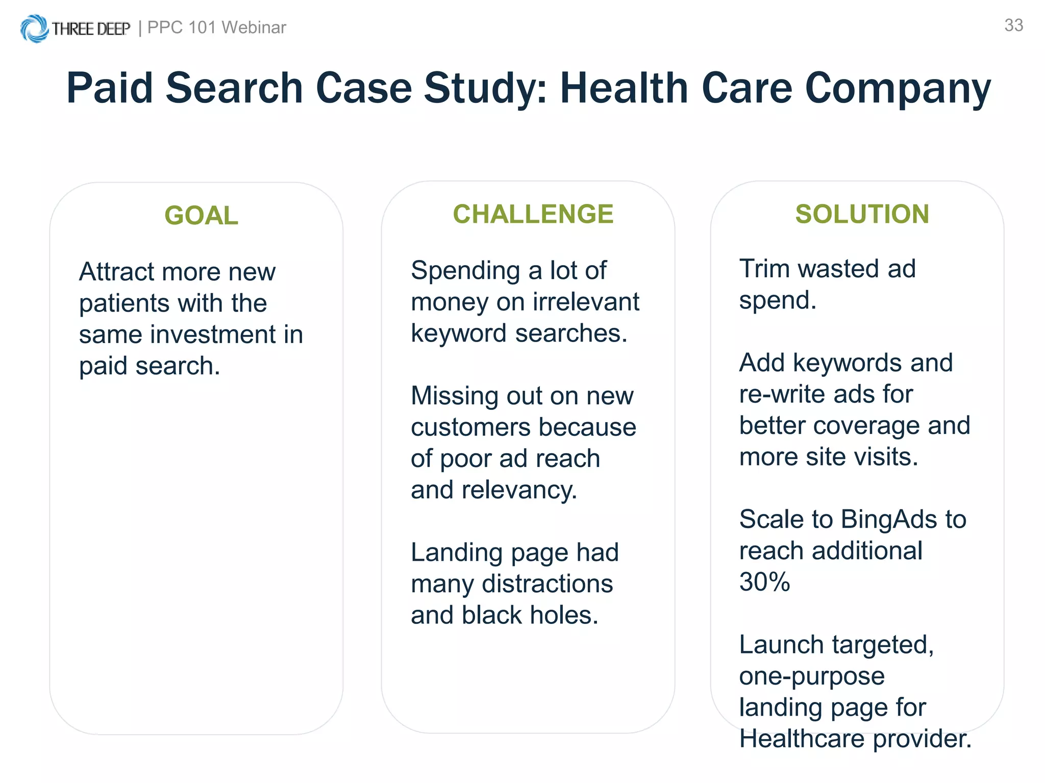 | PPC 101 Webinar 33
Paid Search Case Study: Health Care Company
CHALLENGE
Spending a lot of
money on irrelevant
keyword searches.
Missing out on new
customers because
of poor ad reach
and relevancy.
Landing page had
many distractions
and black holes.
SOLUTION
Trim wasted ad
spend.
Add keywords and
re-write ads for
better coverage and
more site visits.
Scale to BingAds to
reach additional
30%
Launch targeted,
one-purpose
landing page for
Healthcare provider.
GOAL
Attract more new
patients with the
same investment in
paid search.
 