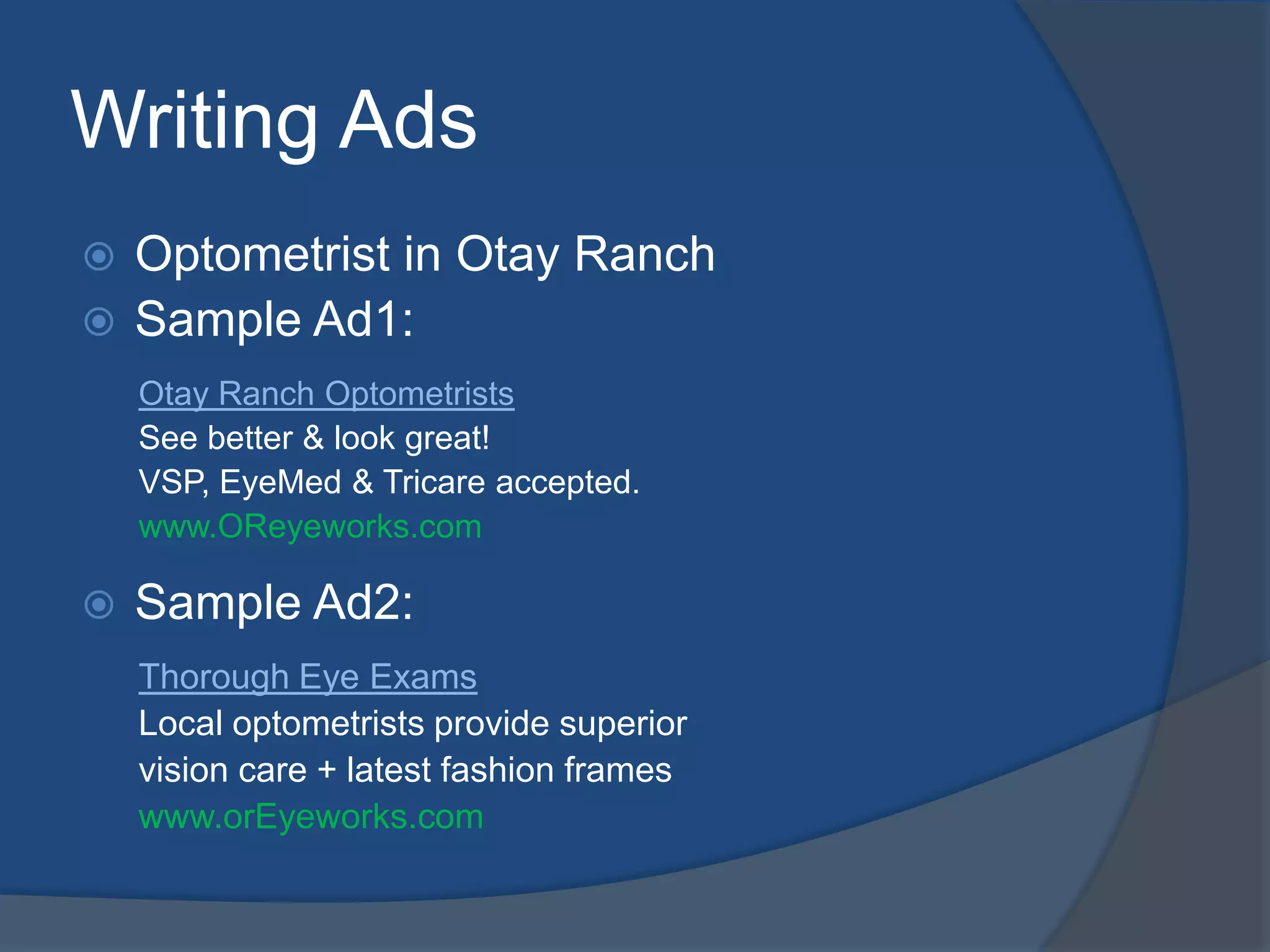 Sample Ads & Click-ThrusWhich ad has a higher click-thru?2.7% CTR			   0.8% CTRwww.LeadsIntoGold.com/genius  to see the evolution of the adsStop cold calling foreverSmall business marketing system.Free report and 2 chapter download.www.leadsintogold.comCold calling not working?Discover a powerful alternative.Free report and 2 chapter download.www.LeadsIntoGold.com