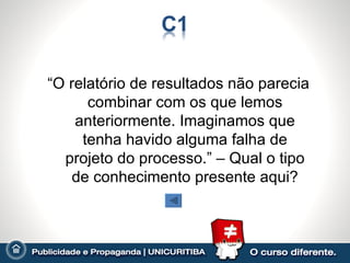 “O relatório de resultados não parecia
      combinar com os que lemos
    anteriormente. Imaginamos que
     tenha havido alguma falha de
  projeto do processo.” – Qual o tipo
    de conhecimento presente aqui?
 