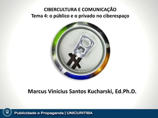 CIBERCULTURA E COMUNICAÇÃO
Tema 4: o público e o privado no ciberespaço
Marcus Vinicius Santos Kucharski, Ed.Ph.D.
 