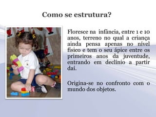 Como se estrutura?

      Floresce na infância, entre 1 e 10
      anos, terreno no qual a criança
      ainda pensa apenas no nível
      físico e tem o seu ápice entre os
      primeiros anos da juventude,
      entrando em declínio a partir
      daí.

      Origina-se no confronto com o
      mundo dos objetos.
 