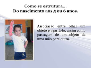Como se estrutura...
Do nascimento aos 5 ou 6 anos.


           Associação entre olhar um
           objeto e agarrá-lo, assim como
           passagem de um objeto de
           uma mão para outra.
 