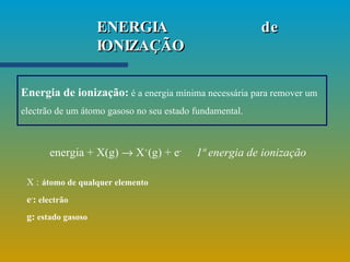 ENERGIA de IONIZAÇÃO Energia de ionização:  é a energia mínima necessária para remover um electrão de um átomo gasoso no seu estado fundamental. energia + X(g)    X + (g) + e -   1ª energia de ionização   X :   átomo de qualquer elemento e - :  electrão g:  estado gasoso 