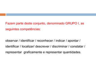 Fazem parte deste conjunto, denominado GRUPO I, as seguintes competências: observar / identificar / reconhecer / indicar / apontar / identificar / localizar/ descrever / discriminar / constatar / representar  graficamente e representar quantidades. 
