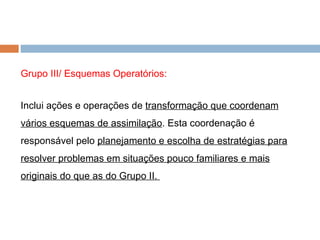   Grupo III/ Esquemas Operatórios: Inclui ações e operações de  transformação que coordenam vários esquemas de assimilação . Esta coordenação é responsável pelo  planejamento e escolha de estratégias para resolver problemas em situações pouco familiares e mais originais do que as do Grupo II.  