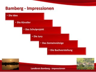 BBaammbbeerrgg -- IImmpprreessssiioonneenn 
Landkreis Bamberg - Impressionen 
• Di 
e 
Id 
ee 
• Die Künstler 
• Das Schulprojekt 
• Das Soziale 
• Die Beteiligten 
• Die Buchvorstellung 
• Die Vermarktung 
 