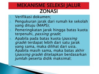 1. Verifikasi dokumen;
2. Pengukuran jarak dari rumah ke sekolah
yang dituju (MAPS);
3. Pemeringkatan jarak hingga batas kuota
terpenuhi, passing grade;
4. Apabila pada batas kuota (passing
grade) terdapat lebih dari satu jarak
yang sama, maka dilihat dari usia.
Apabila masih sama, maka batas akhir
(passing grade) ditetapkan berdasarkan
jumlah peserta didik maksimal;
MEKANISME SELEKSI JALUR
ZONASI
 