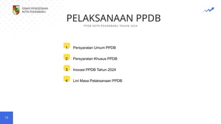 PELAKSANAAN PPDB
PPDB KOTA PEKANBARU TAHUN 2024
15
1. Persyaratan Umum PPDB
2. Persyaratan Khusus PPDB
3. Inovasi PPDB Tahun 2024
4. Lini Masa Pelaksanaan PPDB
DINAS PENDIDIKAN
KOTA PEKANBARU
 