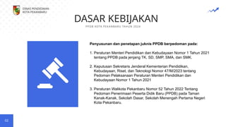 DASAR KEBIJAKAN
PPDB KOTA PEKANBARU TAHUN 2024
02
Penyusunan dan penetapan juknis PPDB berpedoman pada:
1. Peraturan Menteri Pendidikan dan Kebudayaan Nomor 1 Tahun 2021
tentang PPDB pada jenjang TK, SD, SMP, SMA, dan SMK.
2. Keputusan Sekretaris Jenderal Kementerian Pendidikan,
Kebudayaan, Riset, dan Teknologi Nomor 47/M/2023 tentang
Pedoman Pelaksanaan Peraturan Menteri Pendidikan dan
Kebudayaan Nomor 1 Tahun 2021
3. Peraturan Walikota Pekanbaru Nomor 52 Tahun 2022 Tentang
Pedoman Penerimaan Peserta Didik Baru (PPDB) pada Taman
Kanak-Kanak, Sekolah Dasar, Sekolah Menengah Pertama Negeri
Kota Pekanbaru.
DINAS PENDIDIKAN
KOTA PEKANBARU
 