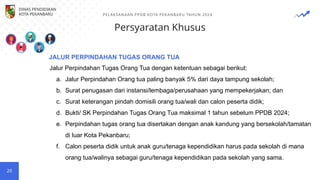 Persyaratan Khusus
20
Jalur Perpindahan Tugas Orang Tua dengan ketentuan sebagai berikut:
a. Jalur Perpindahan Orang tua paling banyak 5% dari daya tampung sekolah;
b. Surat penugasan dari instansi/lembaga/perusahaan yang mempekerjakan; dan
c. Surat keterangan pindah domisili orang tua/wali dan calon peserta didik;
d. Bukti/ SK Perpindahan Tugas Orang Tua maksimal 1 tahun sebelum PPDB 2024;
e. Perpindahan tugas orang tua disertakan dengan anak kandung yang bersekolah/tamatan
di luar Kota Pekanbaru;
f. Calon peserta didik untuk anak guru/tenaga kependidikan harus pada sekolah di mana
orang tua/walinya sebagai guru/tenaga kependidikan pada sekolah yang sama.
JALUR PERPINDAHAN TUGAS ORANG TUA
DINAS PENDIDIKAN
KOTA PEKANBARU PELAKSANAAN PPDB KOTA PEKANBARU TAHUN 2024
 