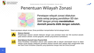 Penentuan Wilayah Zonasi
PERENCANAAN PPDB KOTA PEKANBARU TAHUN 2024
04
Penetapan wilayah zonasi dilakukan
pada setiap jenjang pendidikan SD dan
SMP dengan prinsip mendekatkan
domisili peserta didik dengan sekolah.
Sebaran Sekolah
Penghitungan sebaran sekolah dilakukan dengan cara pemetaan lokasi dan titik koordinat sekolah.
(peta sebaran sekolah, kondisi geografis, sekolah yang berada di perbatasan)
Data Sebaran Domisili Calon Peserta Didik
Dinas Pendidikan memastikan seluruh calon peserta didik di wilayah administratif masuk ke dalam
wilayah zonasi dengan melakukan pemetaan sebaran domisili calon peserta didik menggunakan data
dari Data Pokok Pendidikan (Dapodik) yang dipadankan dengan data dari Dinas Dukcapil
Dalam penetapan wilayah zonasi, Dinas pendidikan memperhatikan hal-hal sebagai berikut:
DINAS PENDIDIKAN
KOTA PEKANBARU
 