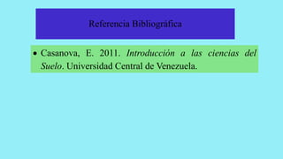 Referencia Bibliográfica
• Casanova, E. 2011. Introducción a las ciencias del
Suelo. Universidad Central de Venezuela.
 