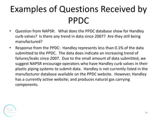 Examples of Questions Received by
PPDC
34
• Question from NAPSR: What does the PPDC database show for Handley
curb valves? Is there any trend in data since 2007? Are they still being
manufactured?
• Response from the PPDC: Handley represents less than 0.1% of the data
submitted to the PPDC. The data does indicate an increasing trend of
failures/leaks since 2007. Due to the small amount of data submitted, we
suggest NAPSR encourage operators who have Handley curb valves in their
plastic piping systems to submit data. Handley is not currently listed in the
manufacturer database available on the PPDC website. However, Handley
has a currently active website; and produces natural gas carrying
components.
 