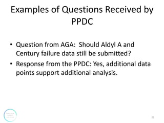 Examples of Questions Received by
PPDC
35
• Question from AGA: Should Aldyl A and
Century failure data still be submitted?
• Response from the PPDC: Yes, additional data
points support additional analysis.
 