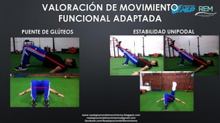 www.readaptaciondelmovimiento.blogspot.com
readaptaciondelmovimiento@gmail.com
facebook.com/ReadaptaciondelMovimiento
VALORACIÓN DE MOVIMIENTO
FUNCIONAL ADAPTADA
PUENTE DE GLÚTEOS ESTABILIDAD UNIPODAL
 