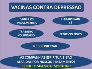 VACINAS CONTRA DEPRESSAO
RELIGIOSIDADE
FÉ
AS COMPANHIAS ESPIRITUAIS SÃO
ATRAÍDAS POR NOSSOS PENSAMENTOS
CUIDE DE SUA VIDA ESPIRITUAL !
VIGIAR OS
PENSAMENTOS
TRABALHO
VOLUNTÁRIO EXERCÍCIO FÍSICO
RESSIGNIFICAR
 