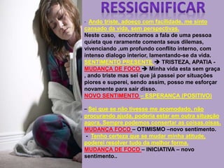 - Ando triste, adoeço com facilidade, me sinto
cansado da vida, sem perspectivas.
Neste caso, encontramos a fala de uma pessoa
quieta que raramente comenta seus dilemas,
vivenciando ,um profundo conflito interno, com
intenso dialogo interior, lamentando-se da vida.
SENTIMENTO PRESENTE  TRISTEZA, APATIA -
MUDANÇA DE FOCO  Minha vida esta sem graça
, ando triste mas sei que já passei por situações
piores e superei, sendo assim, posso me esforçar
novamente para sair disso.
NOVO SENTIMENTO – ESPERANÇA (POSITIVO)
– Sei que se não tivesse me acomodado, não
procurando ajuda, poderia estar em outra situação
agora. Sempre podemos consertar as coisas.oisas.
MUDANÇA FOCO – OTIMISMO –novo sentimento.
- Tenho certeza que se mudar minha atitude,
poderei resolver tudo da melhor forma.
MUDANÇA DE FOCO – INICIATIVA – novo
sentimento..
 
