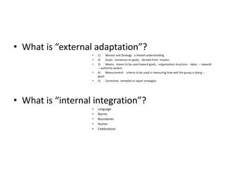 • What is “external adaptation”?
• 1) Mission and Strategy. a shared understanding
• 2) Goals. consensus on goals, derived from mission.
• 3) Means. means to be used toward goals, --organization structure, --labor, -- rewards
---authority system.
• 4) Measurement. criteria to be used in measuring how well the group is doing --
goals
• 5) Correction. remedial or repair strategies
• What is “internal integration”?
• Language
• Norms
• Boundaries
• Humor
• Celebrations
 