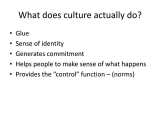 What does culture actually do?
• Glue
• Sense of identity
• Generates commitment
• Helps people to make sense of what happens
• Provides the “control” function – (norms)
 