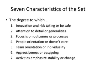 Seven Characteristics of the Set
• The degree to which ……
1. Innovation and risk taking or be safe
2. Attention to detail or generalities
3. Focus is on outcomes or processes
4. People orientation or doesn’t care
5. Team orientation or individuality
6. Aggressiveness or easygoing
7. Activities emphasize stability or change
 