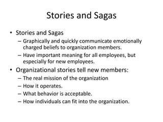 Stories and Sagas
• Stories and Sagas
– Graphically and quickly communicate emotionally
charged beliefs to organization members.
– Have important meaning for all employees, but
especially for new employees.
• Organizational stories tell new members:
– The real mission of the organization
– How it operates.
– What behavior is acceptable.
– How individuals can fit into the organization.
 