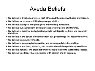 Aveda Beliefs
• We believe in treating ourselves, each other, and the planet with care and respect.
• We believe social responsibility is our responsibility.
• We believe ecological and profit goals are mutually achievable.
• We believe our authenticity and experience are our points of difference.
• We believe in inspiring and educating people to integrate wellness and beauty in
their lives.
• We believe in the power of oneness: from our global image to a focused network.
• We believe learning never ends.
• We believe in encouraging innovation and empowered decision-making.
• We believe our actions, products, and services should always embody excellence.
• We believe personal and organizational balance is the key to sustainable success.
• We believe true leadership is delivered with passion and by example.
 