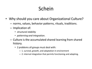Schein
• Why should you care about Organizational Culture?
– norms, values, behavior patterns, rituals, traditions.
– Implication of:
• structural stability
• patterning and integration.
– Culture is the accumulated shared learning from shared
history.
• 2 problems all groups must deal with:
– 1. survival, growth, and adaptation in environment
– 2. internal integration that permits functioning and adapting.
 