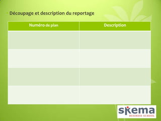 • Découpage et description du reportage
Numéro de plan

Description

 