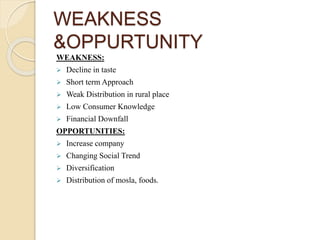 WEAKNESS
&OPPURTUNITY
WEAKNESS:
 Decline in taste
 Short term Approach
 Weak Distribution in rural place
 Low Consumer Knowledge
 Financial Downfall
OPPORTUNITIES:
 Increase company
 Changing Social Trend
 Diversification
 Distribution of mosla, foods.
 