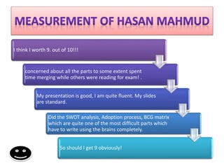 I think I worth 9. out of 10!!!
concerned about all the parts to some extent spent
time merging while others were reading for exam! .
My presentation is good, I am quite fluent. My slides
are standard.
Did the SWOT analysis, Adoption process, BCG matrix
which are quite one of the most difficult parts which
have to write using the brains completely.
So should I get 9 obviously!
 