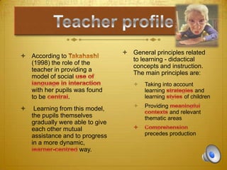  According to
(1998) the role of the
teacher in providing a
model of social

 General principles related
to learning - didactical
concepts and instruction.
The main principles are:


Taking into account
learning
and
learning
of children



Providing

with her pupils was found
to be
.


Learning from this model,
the pupils themselves
gradually were able to give
each other mutual
assistance and to progress
in a more dynamic,
way.

and relevant
thematic areas
precedes production

 