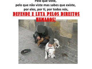 Pelo que viste,
 pelo que não viste mas sabes que existe,
      por eles, por ti, por todos nós,
DEFENDE E LUTA PELOS DIREITOS
          HUMANOS!
 