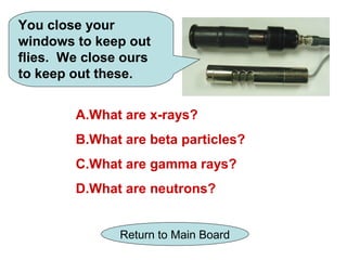 You close your
windows to keep out
flies. We close ours
to keep out these.


        A.What are x-rays?
        B.What are beta particles?
        C.What are gamma rays?
        D.What are neutrons?


               Return to Main Board
 