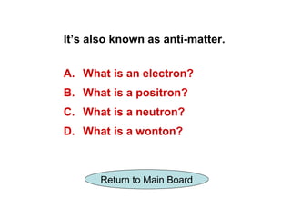 It’s also known as anti-matter.


A. What is an electron?
B. What is a positron?
C. What is a neutron?
D. What is a wonton?



       Return to Main Board
 