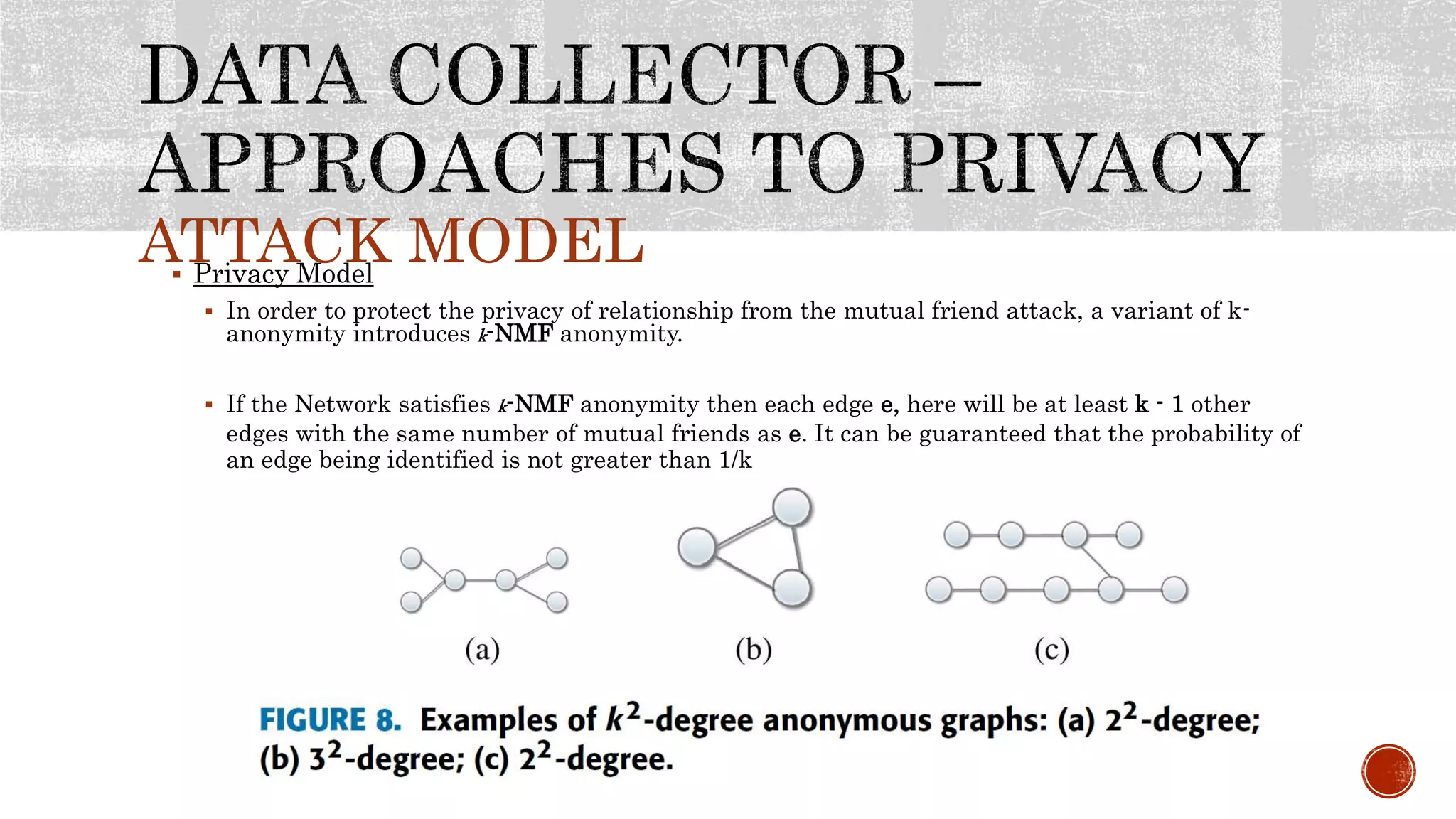 ATTACK MODEL Privacy Model
 In order to protect the privacy of relationship from the mutual friend attack, a variant of k-
anonymity introduces k-NMF anonymity.
 If the Network satisfies k-NMF anonymity then each edge e, here will be at least k - 1 other
edges with the same number of mutual friends as e. It can be guaranteed that the probability of
an edge being identified is not greater than 1/k
 