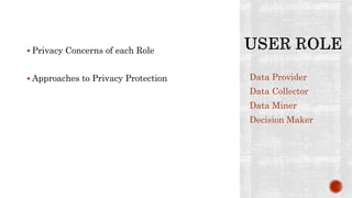  Privacy Concerns of each Role
 Approaches to Privacy Protection Data Provider
Data Collector
Data Miner
Decision Maker
 