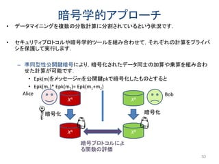 暗号学的アプローチ
• データマイニングを複数の分散計算に分割されているという状況です．
• セキュリティプロトコルや暗号学的ツールを組み合わせて，それぞれの計算をプライバ
シを保護して実行します．
– 準同型性公開鍵暗号により，暗号化されたデータ同士の加算や乗算を組み合わ
せた計算が可能です．
• Epk(m)をメッセージmを公開鍵pkで暗号化したものとすると
• Epk(m1)* Epk(m2)= Epk(m1+m2)
53
XA XB
暗号プロトコルによ
る関数の評価
BobAlice
XA XB
暗号化暗号化
 