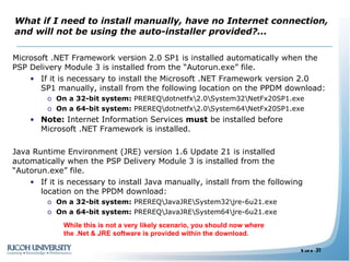 What if I need to install manually, have no Internet connection, and will not be using the auto-installer provided?... Microsoft .NET Framework version 2.0 SP1 is installed automatically when the PSP Delivery Module 3 is installed from the “Autorun.exe” file. If it is necessary to install the Microsoft .NET Framework version 2.0 SP1 manually, install from the following location on the PPDM download: On a 32-bit system:  PREREQ\dotnetfx\2.0\System32\NetFx20SP1.exe On a 64-bit system:  PREREQ\dotnetfx\2.0\System64\NetFx20SP1.exe Note:  Internet Information Services  must  be installed before Microsoft .NET Framework is installed. Java Runtime Environment (JRE) version 1.6 Update 21 is installed automatically when the PSP Delivery Module 3 is installed from the “Autorun.exe” file. If it is necessary to install Java manually, install from the following location on the PPDM download: On a 32-bit system:  PREREQ\JavaJRE\System32\jre-6u21.exe On a 64-bit system:  PREREQ\JavaJRE\System64\jre-6u21.exe While this is not a very likely scenario, you should now where the .Net & JRE software is provided within the download. 