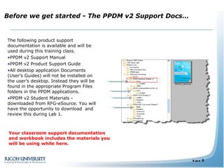 Before we get started - The PPDM v2 Support Docs… The following product support documentation is available and will be used during this training class. PPDM v2 Support Manual PPDM v2 Product Support Guide All desktop application Documents (User’s Guides) will not be installed on the user’s desktop. Instead they will be found in the appropriate Program Files folders in the PPDM applications.  PPDM v2 Student Materials - downloaded from RFG-eSource. You will have the opportunity to download  and review this during Lab 1.  Your classroom support documentation and workbook includes the materials you will be using while here. 