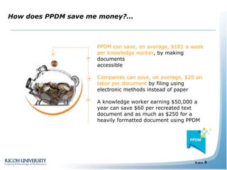 How does PPDM save me money?... PPDM can save, on average, $101 a week per knowledge worker , by making documents accessible Companies can save, on average, $20 on labor per document  by filing using electronic methods instead of paper A knowledge worker earning $50,000 a year can save $60 per recreated text document and as much as $250 for a heavily formatted document using PPDM  