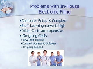 Problems with In-House Electronic Filing Computer Setup is Complex Staff Learning-curve is high Initial Costs are expensive On-going Costs New Staff Training Constant Updates to Software On-going Support 