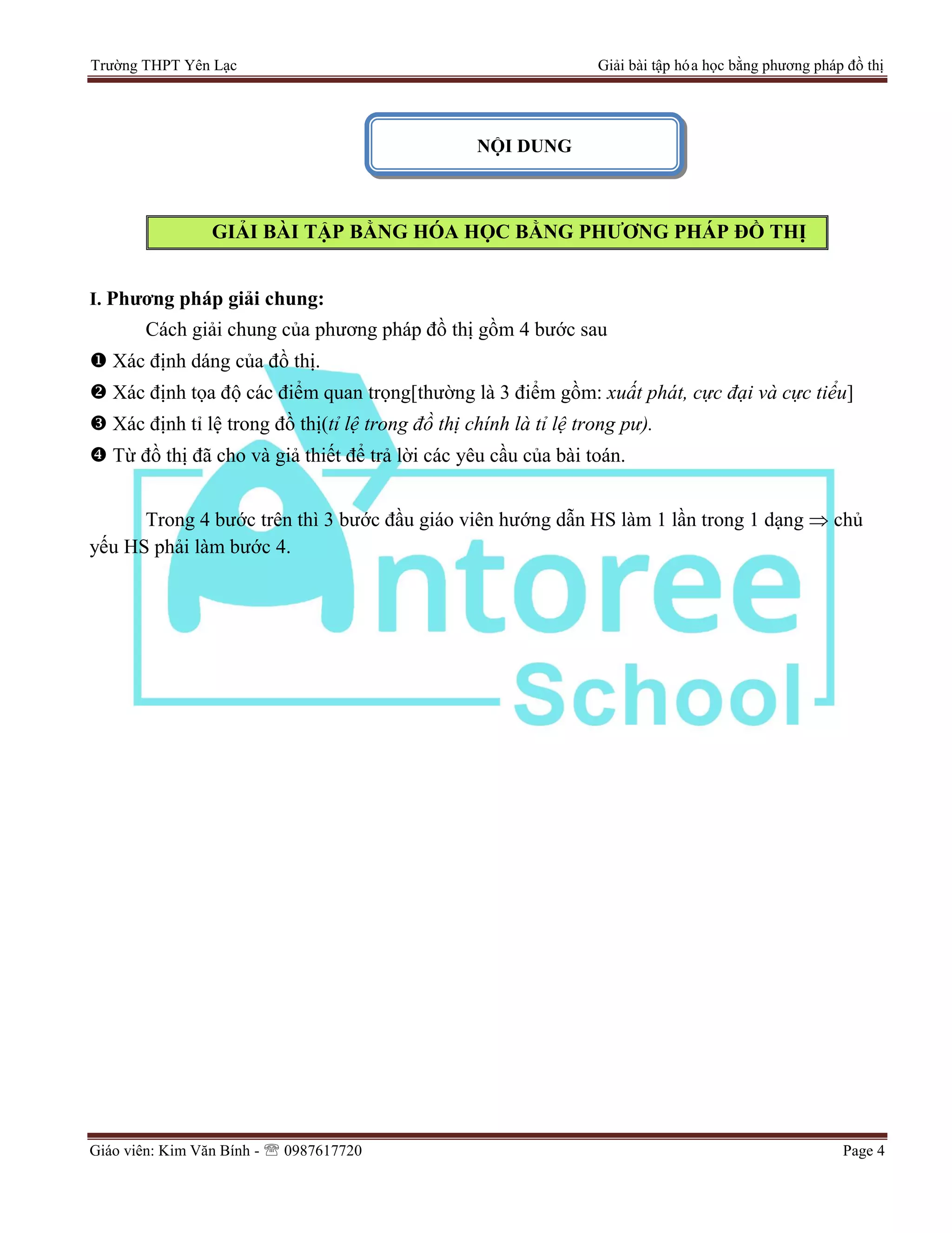 Trường THPT Yên Lạc Giải bài tập hóa học bằng phương pháp đồ thị
Giáo viên: Kim Văn Bính -  0987617720 Page 4
GIẢI BÀI TẬP BẰNG HÓA HỌC BẰNG PHƢƠNG PHÁP ĐỒ THỊ
I. Phƣơng pháp giải chung:
Cách giải chung của phương pháp đồ thị gồm 4 bước sau
 Xác định dáng của đồ thị.
 Xác định tọa độ các điểm quan trọng[thường là 3 điểm gồm: xuất phát, cực đại và cực tiểu]
 Xác định tỉ lệ trong đồ thị(tỉ lệ trong đồ thị chính là tỉ lệ trong pư).
 Từ đồ thị đã cho và giả thiết để trả lời các yêu cầu của bài toán.
Trong 4 bước trên thì 3 bước đầu giáo viên hướng dẫn HS làm 1 lần trong 1 dạng  chủ
yếu HS phải làm bước 4.
NỘI DUNG
 