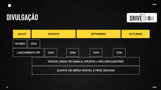 divulgação
JULHO AGOSTO SETEMBRO OUTUBRO
TEASER
LANÇAMENTO RP
RÁDIOS, ENVIO DE EMAILS, GRUPOS e INFLUENCIADORES
ALWAYS ON (MÍDIA DIGITAL E REDE SOCIAIS)
OOH OOH OOH OOH
OOH
 