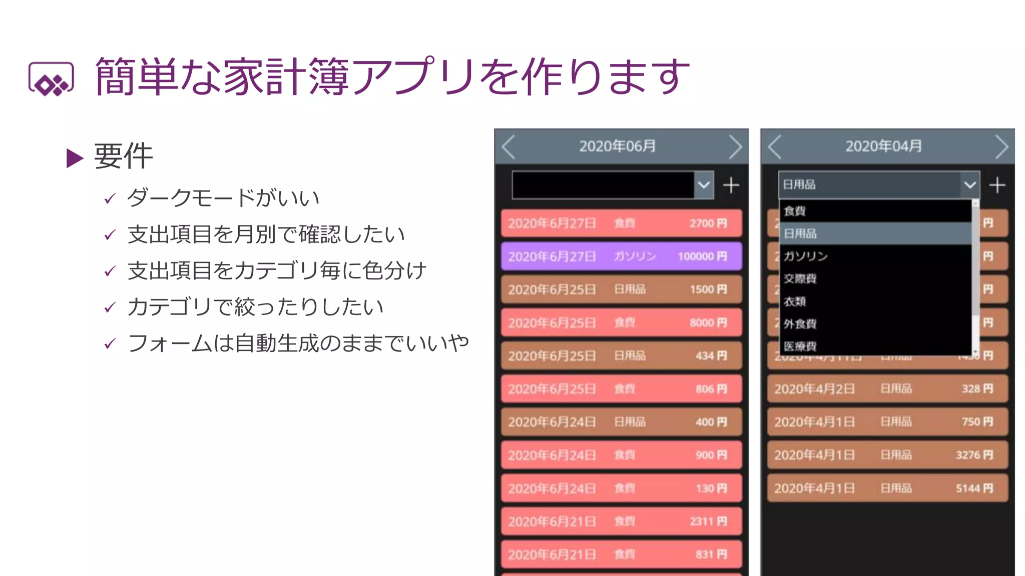 簡単な家計簿アプリを作ります
 要件
 ダークモードがいい
 支出項目を月別で確認したい
 支出項目をカテゴリ毎に色分け
 カテゴリで絞ったりしたい
 フォームは自動生成のままでいいや
 