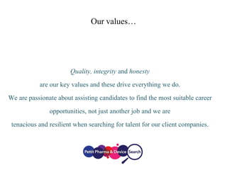 Our values…
Quality, integrity and honesty
are our key values and these drive everything we do.
We are passionate about assisting candidates to find the most suitable career
opportunities, not just another job and we are
tenacious and resilient when searching for talent for our client companies.
 